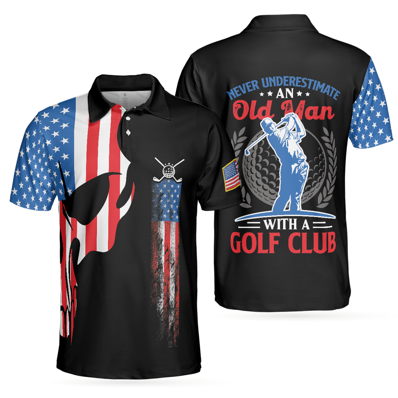 Skull Golf American Flag Never Old Man Golfer Best Gift Men's Polo Shirt S-5XL
