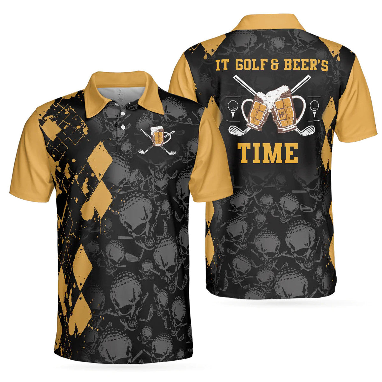 Skull Pattern Golf Drinking It Time Best Beer Golf Shirt Men's Polo Shirt S-5XL
