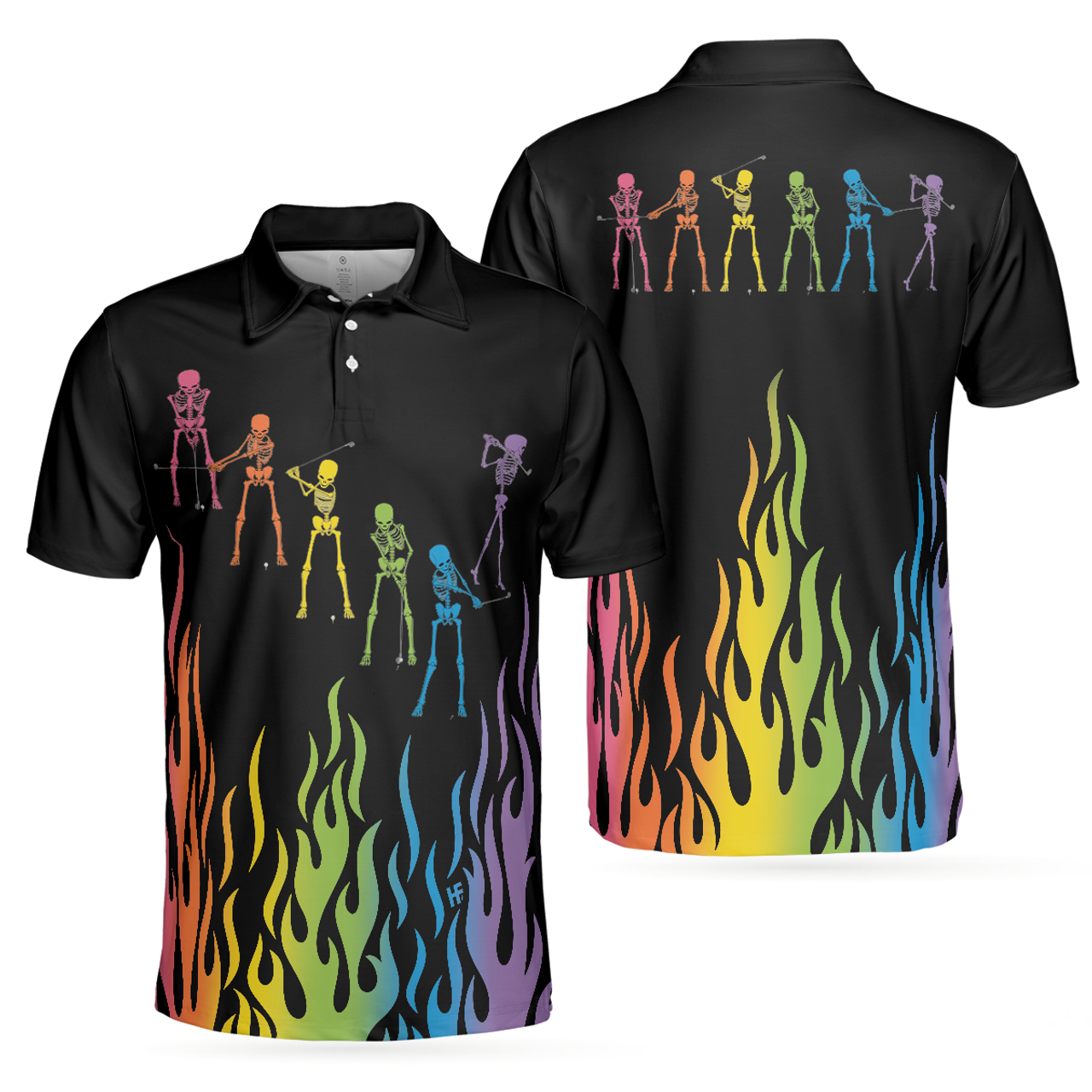 Skeleton Rainbow Fire Golfing Cool Perfect Gift Mens Polo Shirt S-5XL
