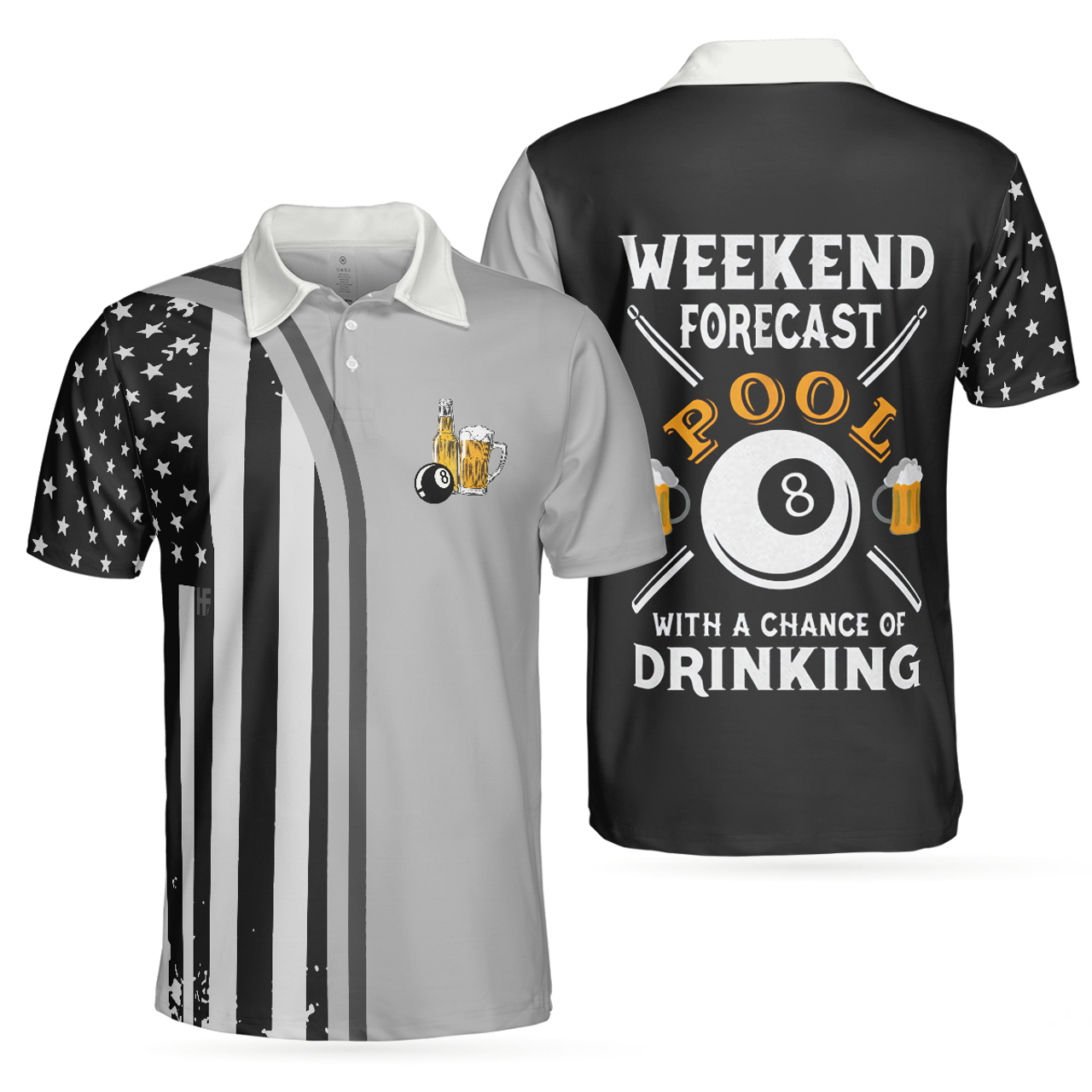 Weekend Forecast Pool Player American Flag Billiards Gift Men's Polo Shirt S-5XL
