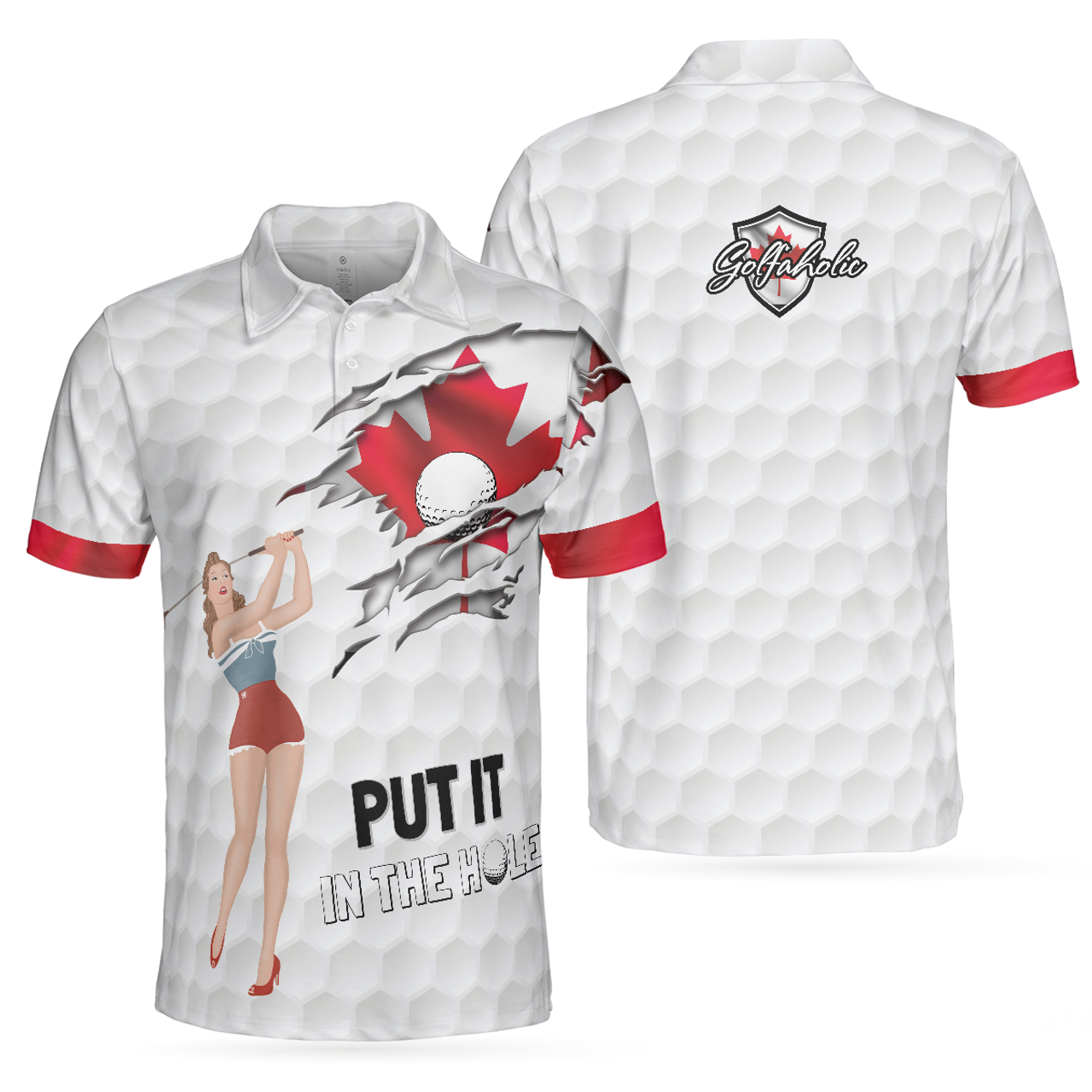 Golf Canada Flag Pin Up Girl Shirt Put It In The Hole Men's Polo Shirt S-5XL