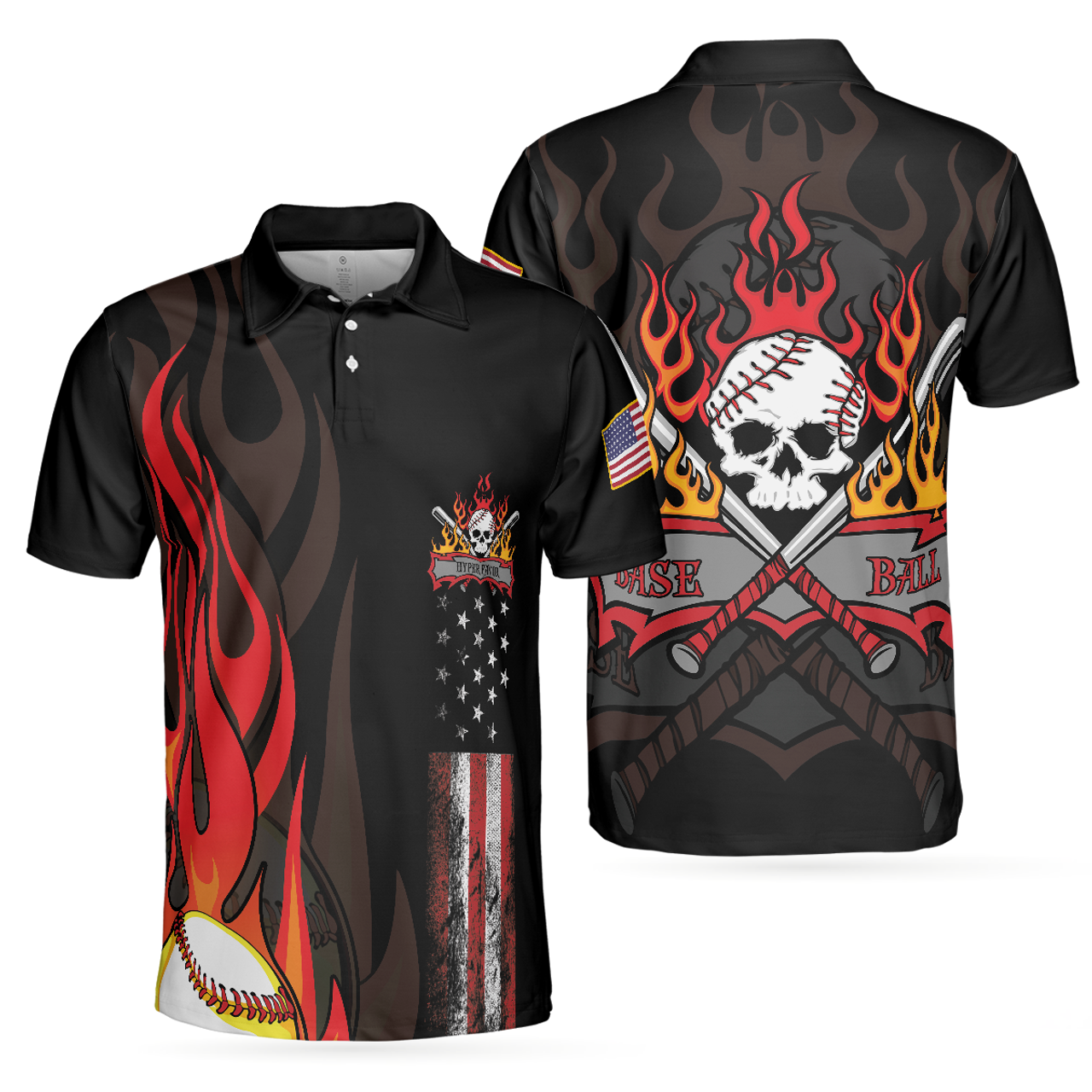 Flame Baseball Skull Baseball American Flag Best Gift for Fans Men's Polo Shirt