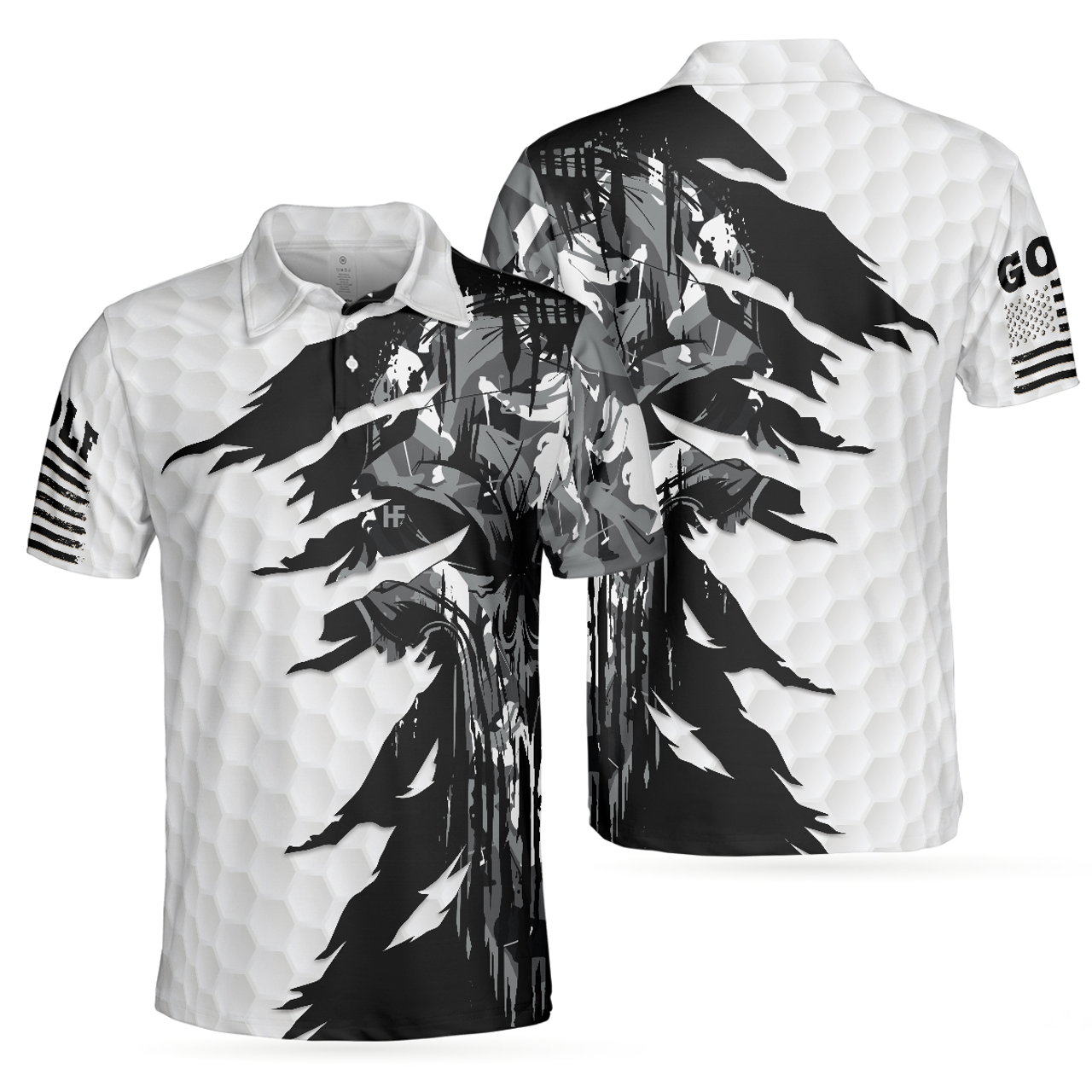 Black And White Ripped Vintage Golf Skull Camo American Flag Men's Polo Shirt