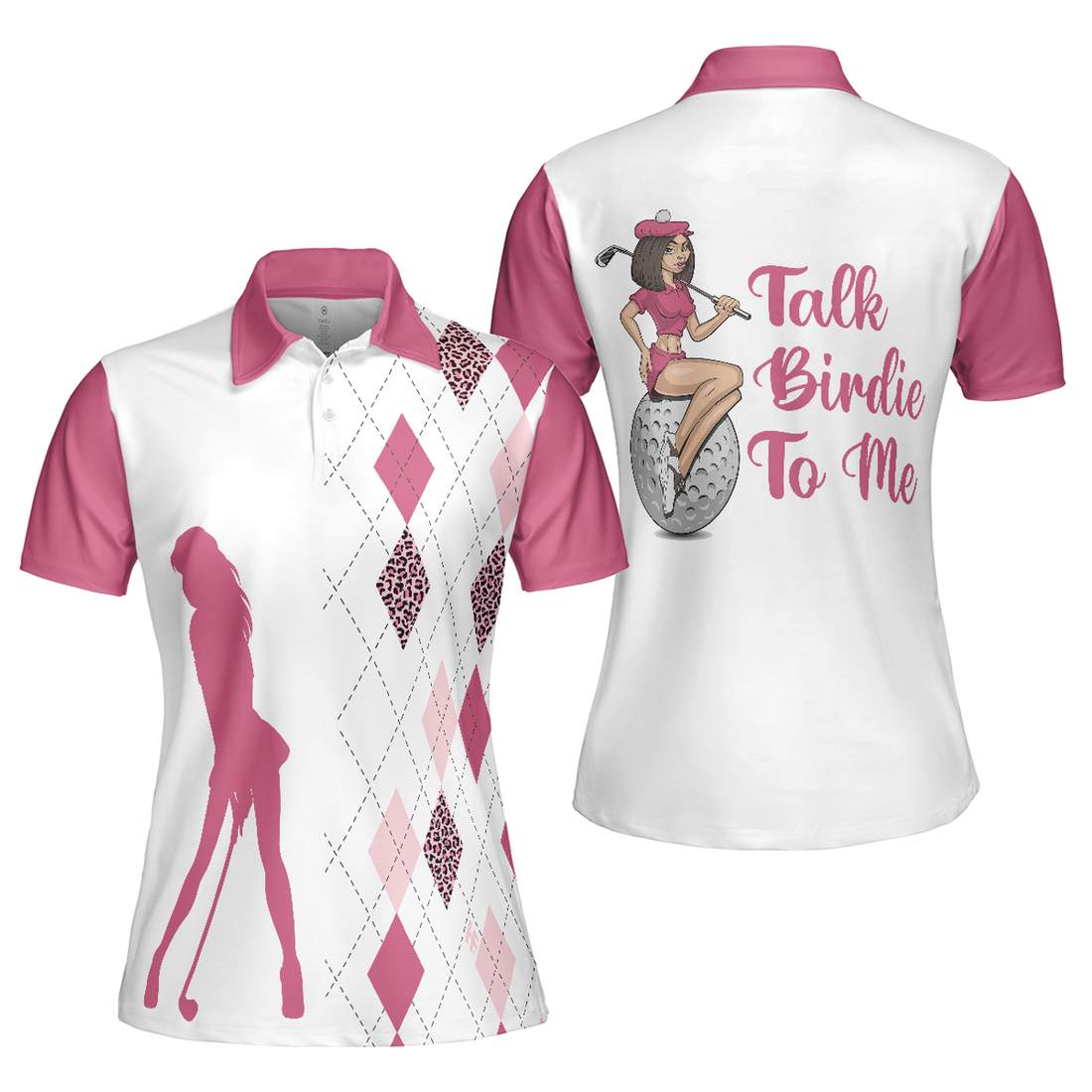 Funny Talk Birdie To Me Pink Argyle Leopard Golf Gift For Women's Polo Shirts S-5XL