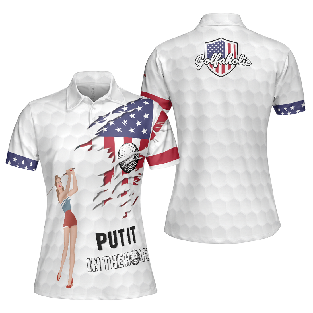 Patriotic Golf with American Flag Girl and Golf Ball Women's Polo Shirts S-5XL