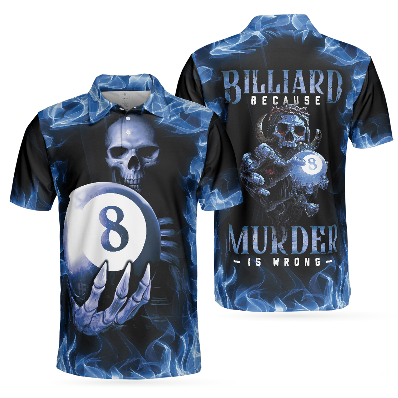 Blue Flame Skull Eight Ball Billiards Design Men's Polo Shirt