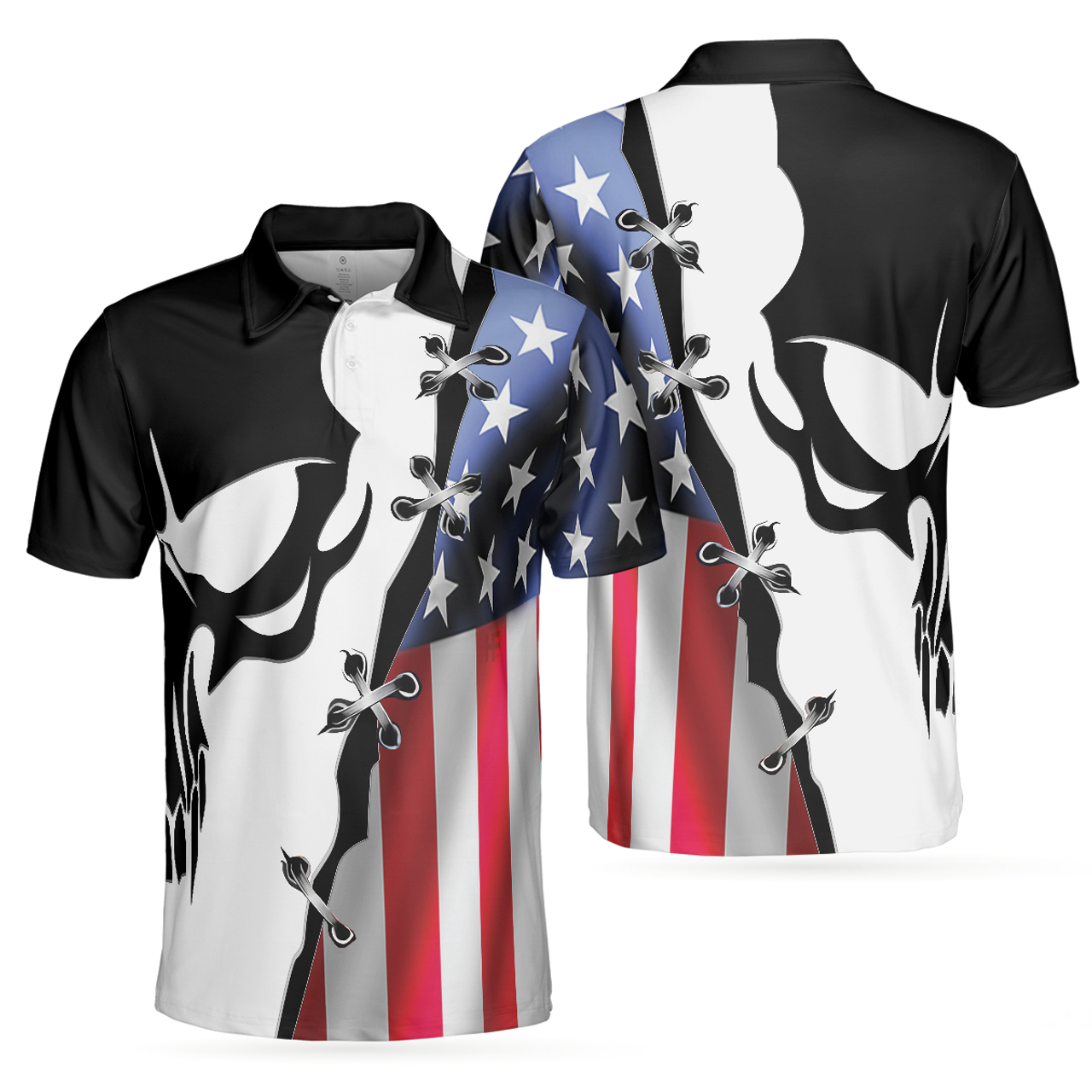 Black Skull Billiards Short Sleeve American Flag Best Billiards Men's Polo Shirt