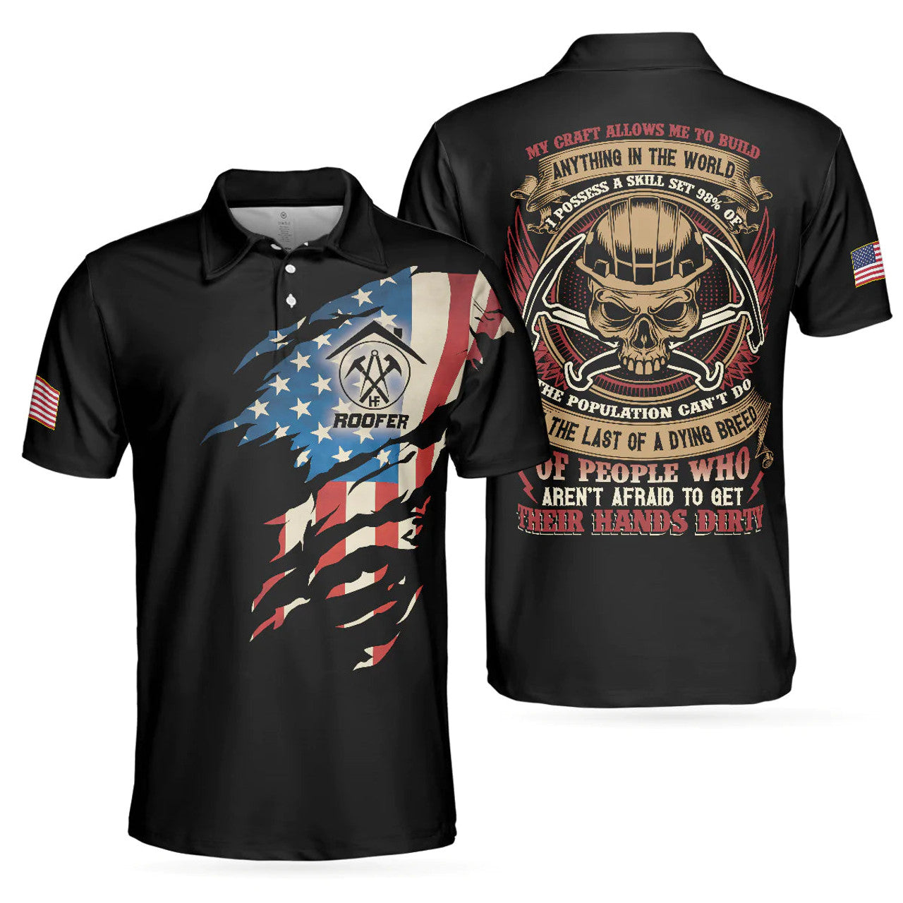 Skull Ripped American Flag Roofer Shirt My Craft Build Men's Polo Shirt S-5XL