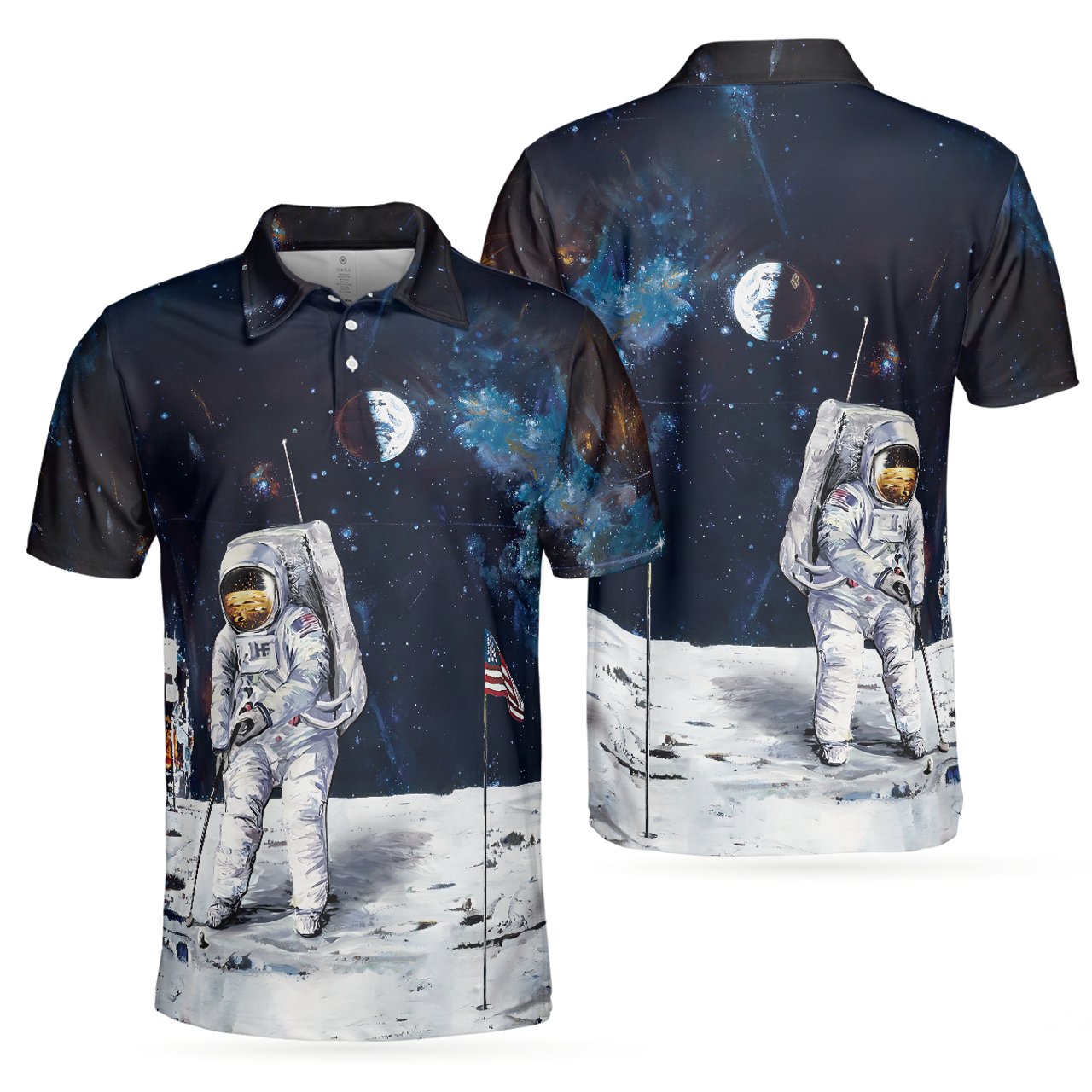 Astronaut Moon Golf Short Sleeve Gift For Golfer American Flag Men's Polo Shirt