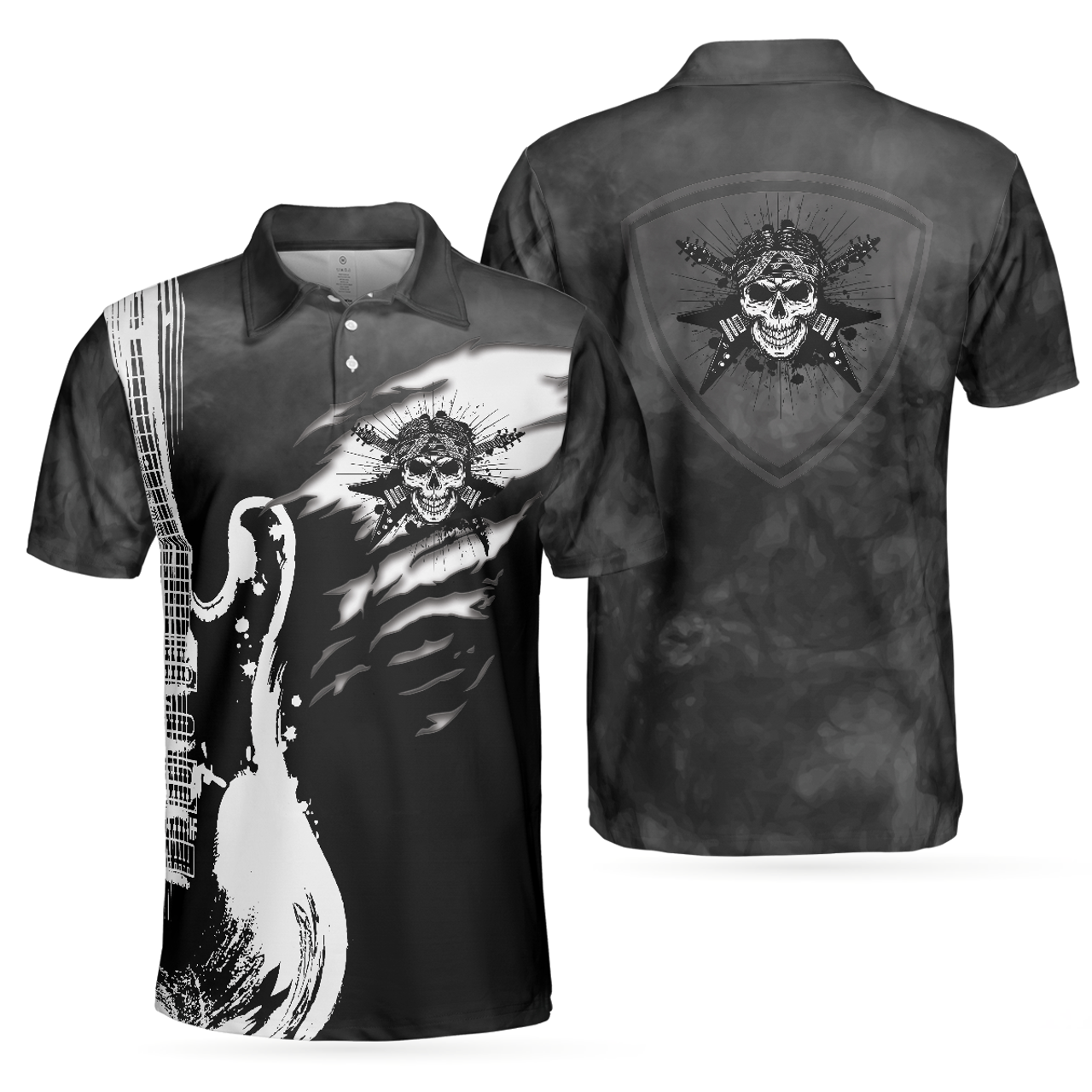 Guitar And Skull Short Sleeve Streetwear Black And White Men's Polo Shirt