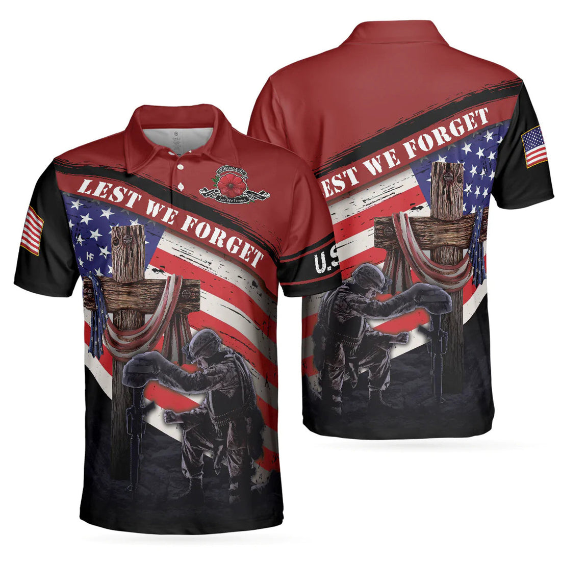 Lest We Forget USA Flag Wooden Cross Gift for Veterans Men's Polo Shirt S-5XL
