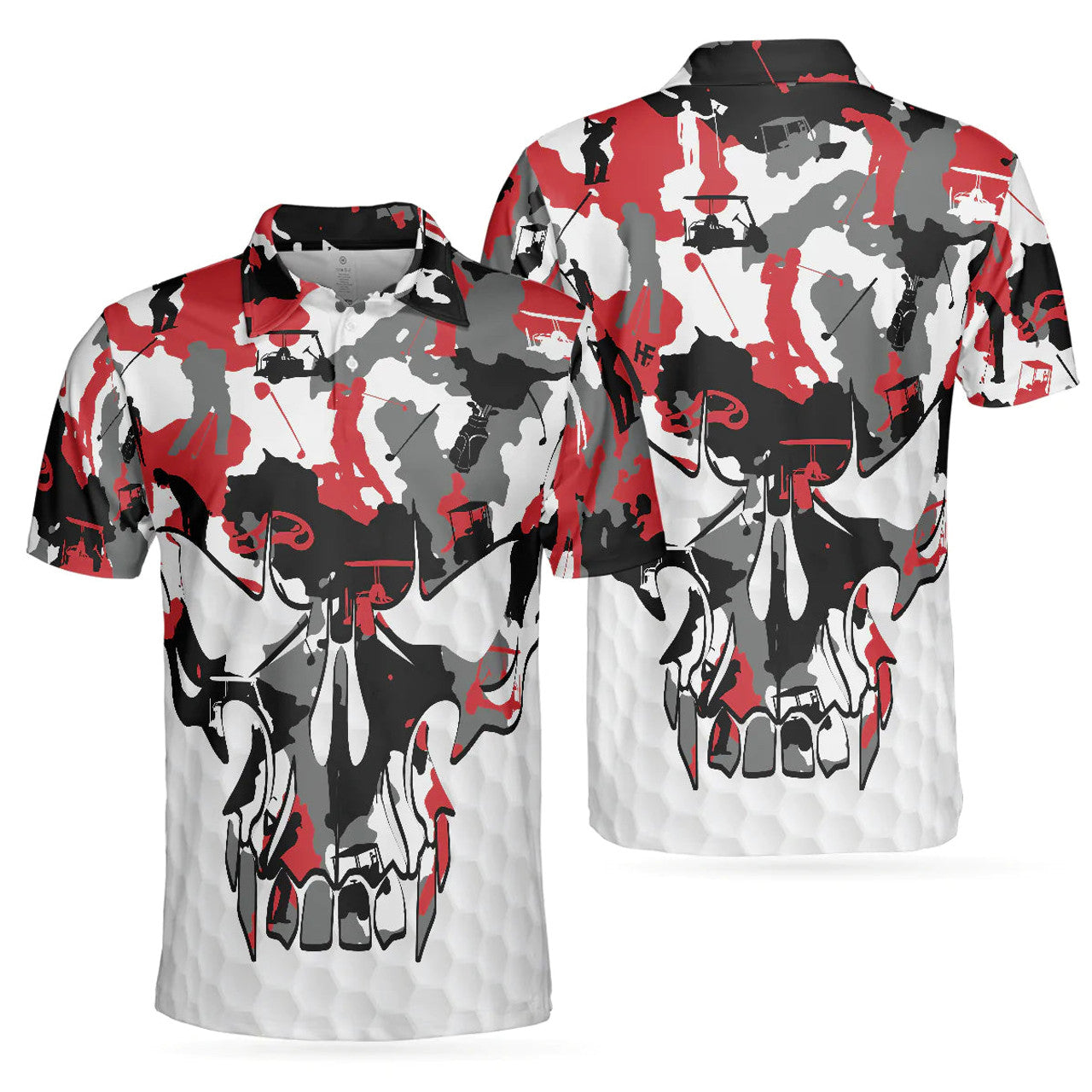 Red And White Golf Shirt Skull Print Short Sleeve Men's Polo Shirt S-5XL