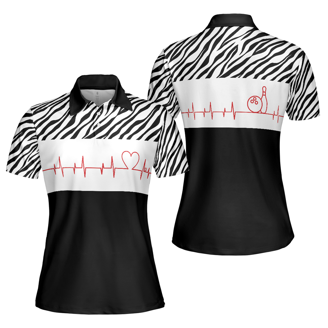 Customized Bowling Heartbeat Zebra Pattern Short Sleeve Women's Polo Shirt S-5XL
