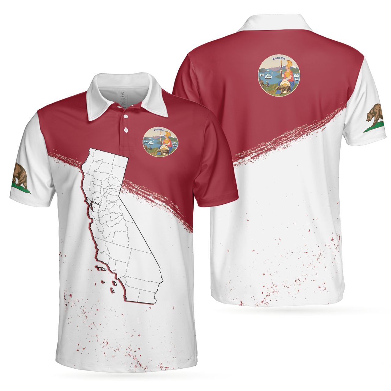 California Flag Map Sleeve Eureka Patriotic Golf Shirt Men's Polo Shirt S-5XL