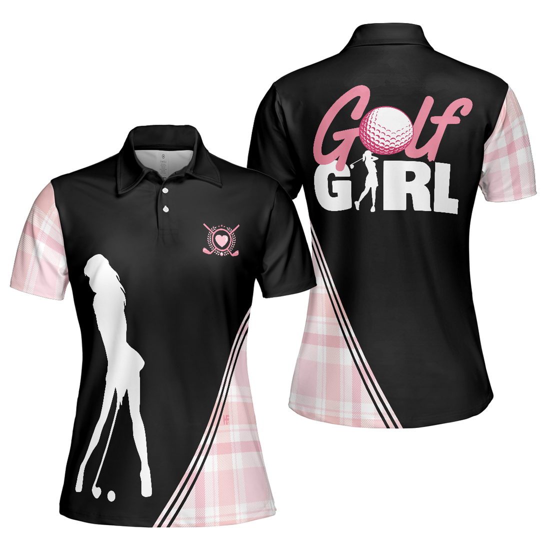 Golf Girl Black and Pink Plaid Pattern Golf Shirt Women Polo Shirt S-5XL