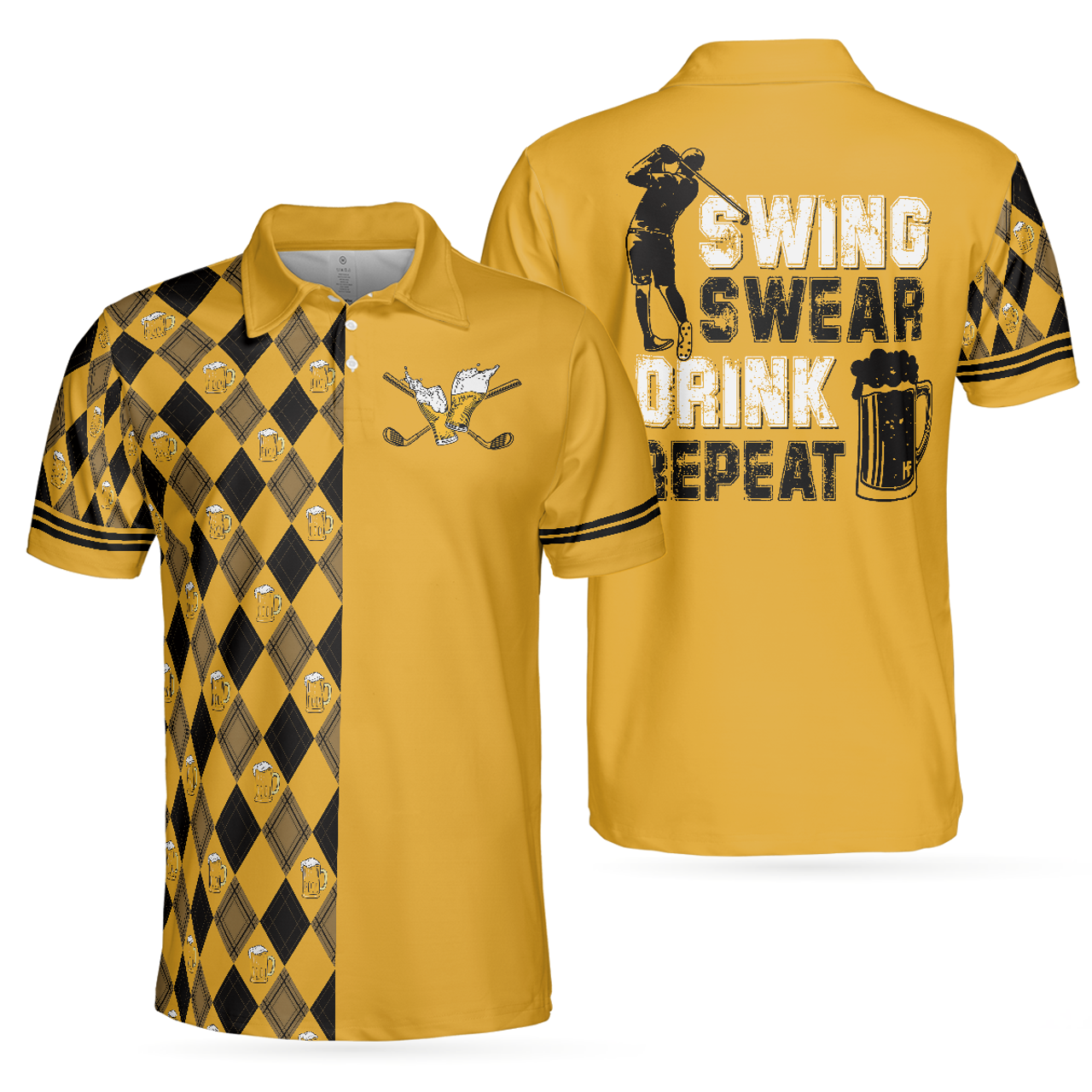 Swing Swear Drink Repeat Golf Gift Black Yellow Argyle Men's Polo Shirt S-5XL