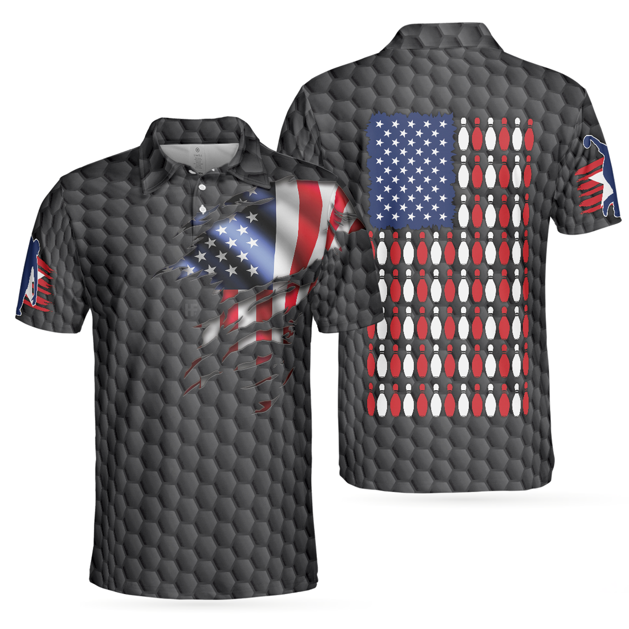Bowling Pin American Flag Black Ten Pin Polo Perfect Gift Men's Polo Shirt S-5XL