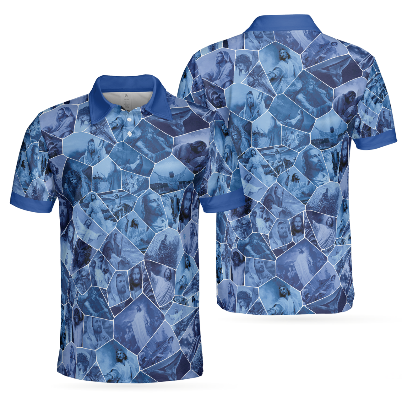 Holy Blue Stained Glass Blue Jesus Gallery Best Christian Shirt Men's Polo Shirt