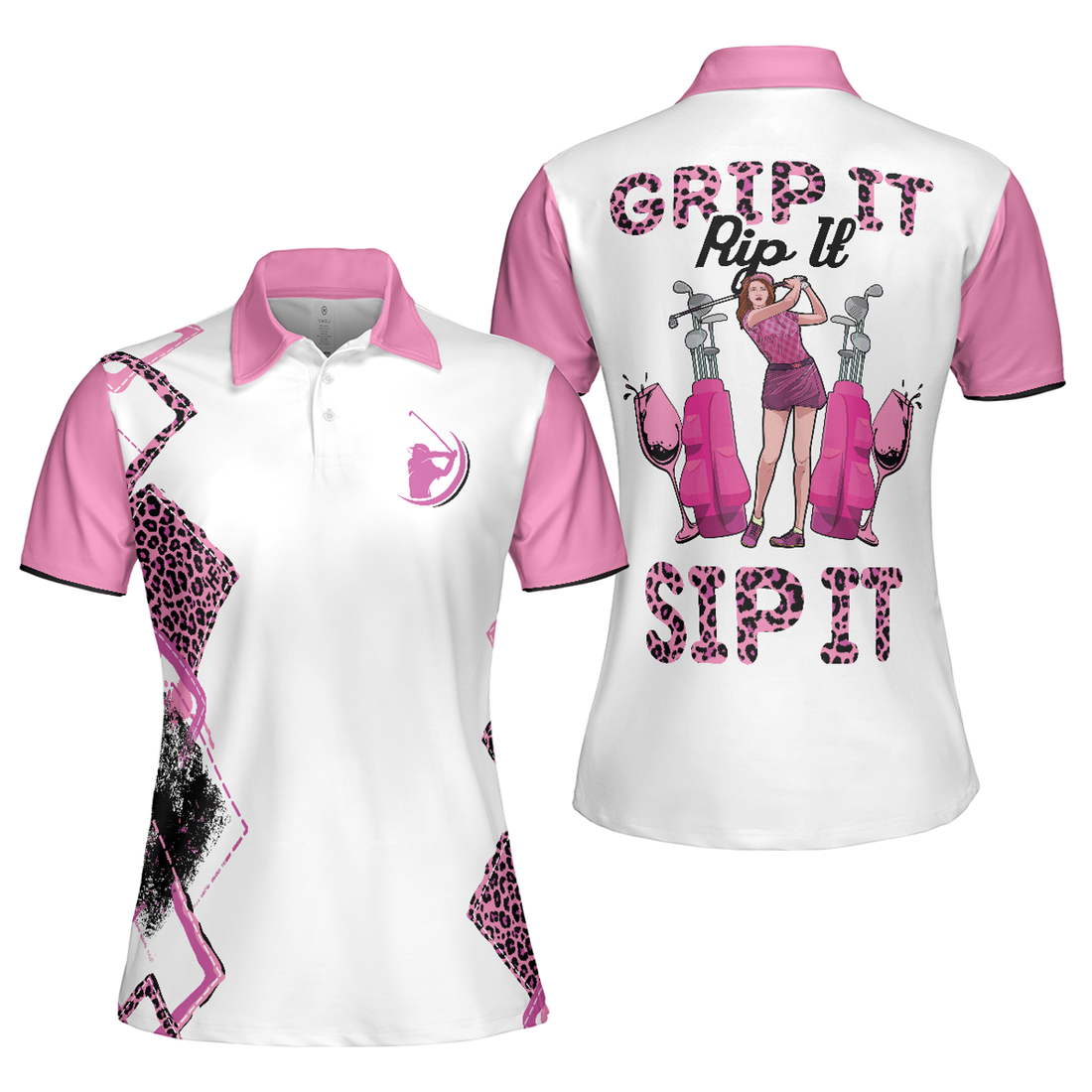 Pink Leopard Pattern Golf Grip It Rip It Sip It Sleeve Women's Polo Shirts S-5XL