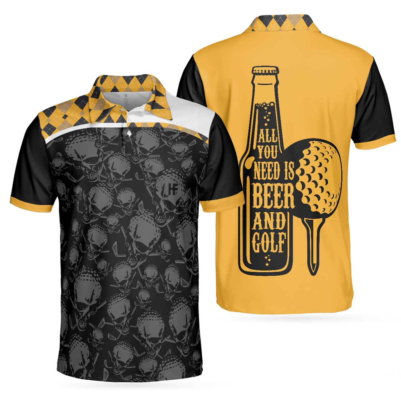 Skull Golf Beer Lover Black Yellow Argyle Pattern Men's Polo Shirt S-5XL