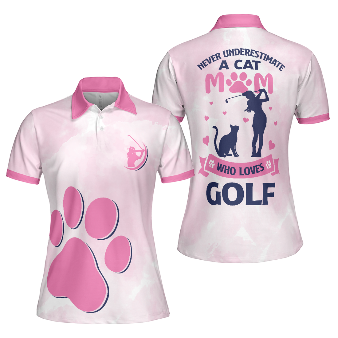 Never a Cat Mom Pink Paw Golf Gift for Cat Lovers Women's Polo Shirts S-5XL
