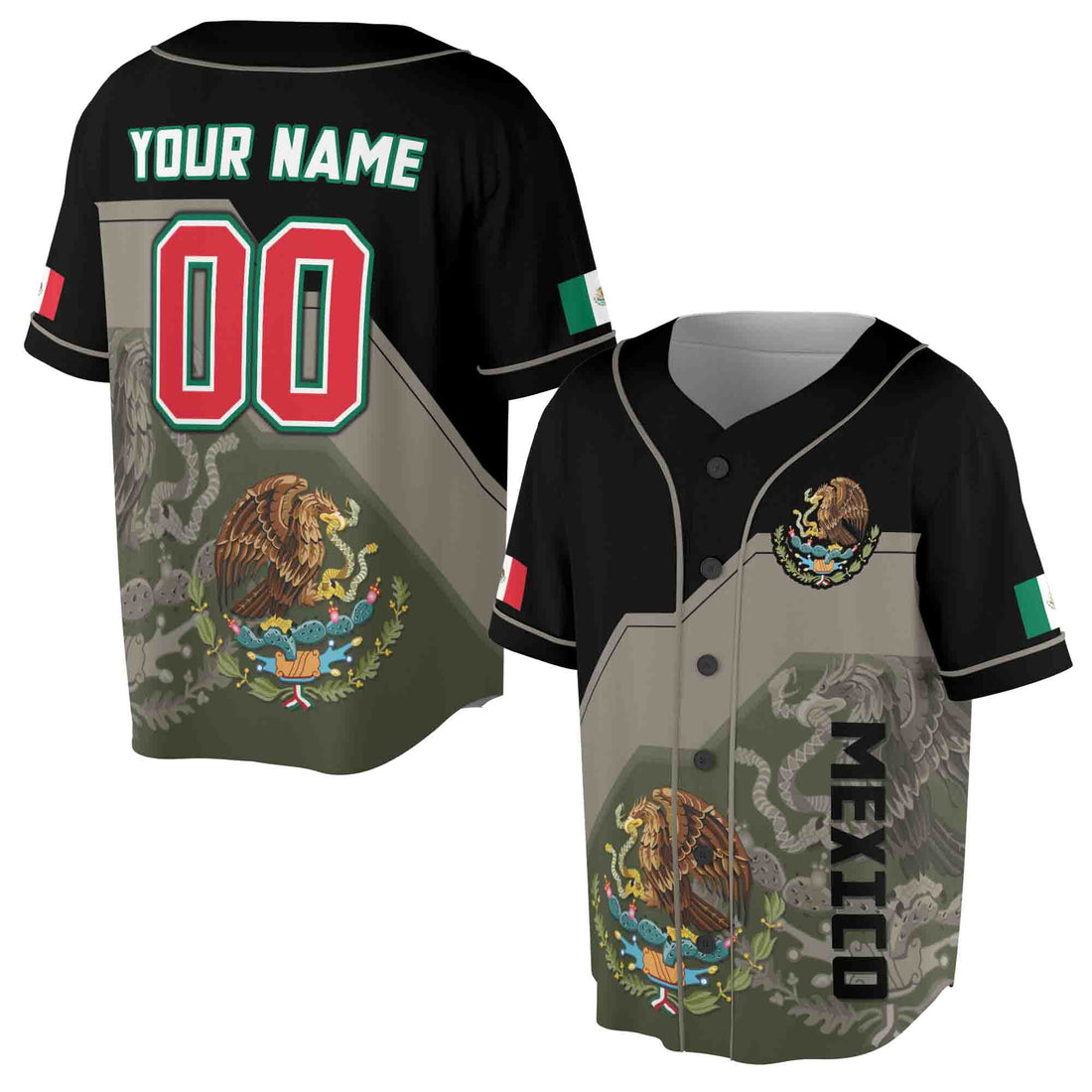 Custom Name Number Mexico Flag Coat Of Arms Of Mexico Baseball Jersey S-5XL