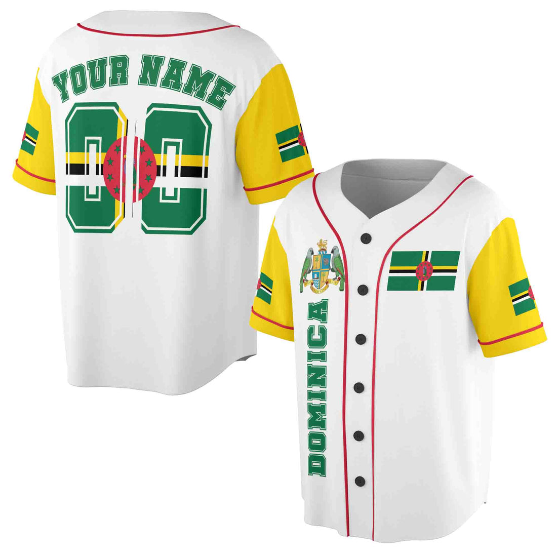 Personalized Name Number Dominica Flag Coat of Arms Patriotic Baseball Jersey S-5XL