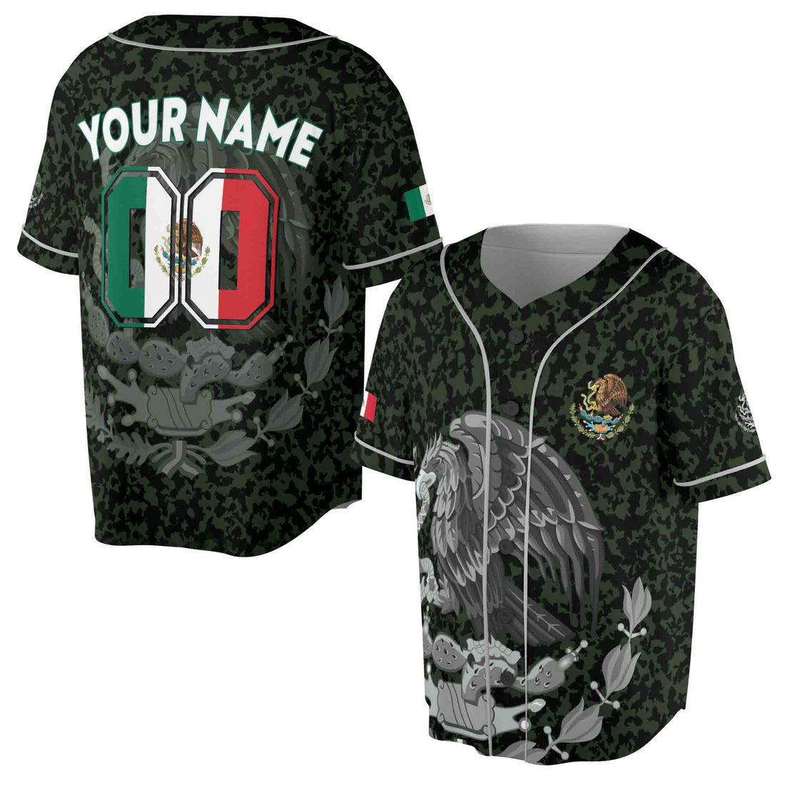 Custom Name Coat of Arms Of Mexico Flag Military Pattern Baseball Jersey S-5XL