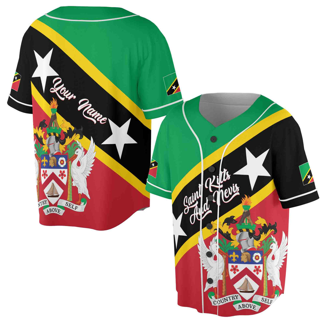 Personalized Name Saint Kitts and Nevis Flag Coat of Arms Patriotic Baseball Jersey S-5XL