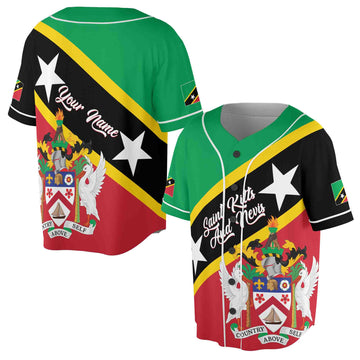 Personalized Name Saint Kitts and Nevis Flag Coat of Arms Patriotic Baseball Jersey S-5XL