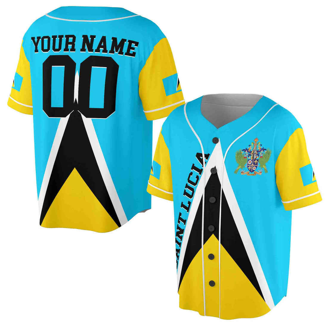 Personalized Name Number Saint Lucia Flag Coat of Arms Patriotic Baseball Jersey S-5XL