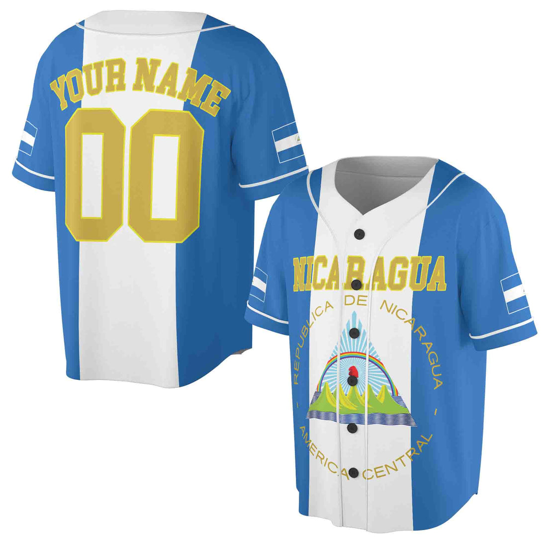 Personalized Name Number Nicaragua Flag Coat of Arms Patriotic Baseball Jersey S-5XL