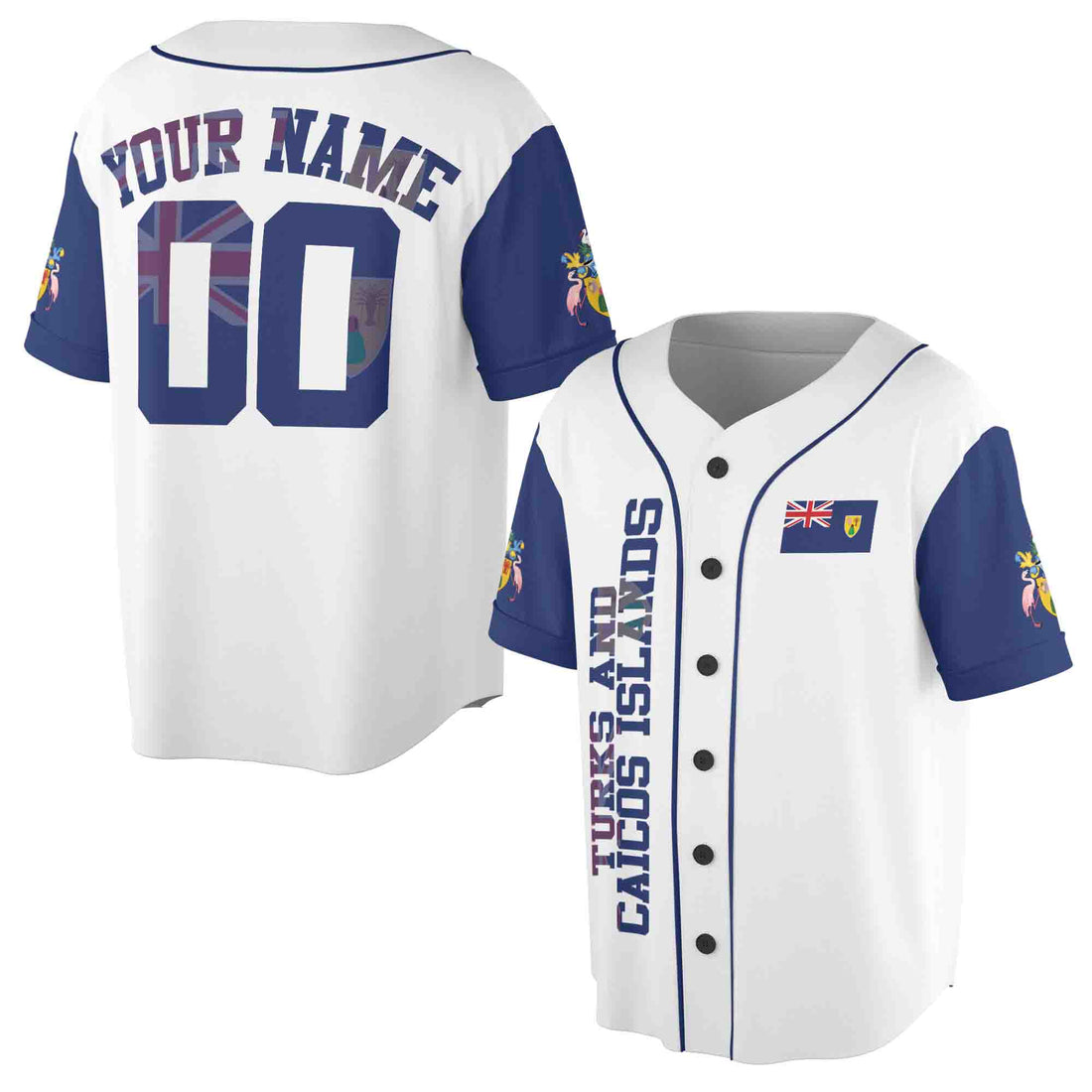 Personalized Name Number Turks And Caicos Islands Flag Coat of Arms Patriotic Baseball Jersey S-5XL