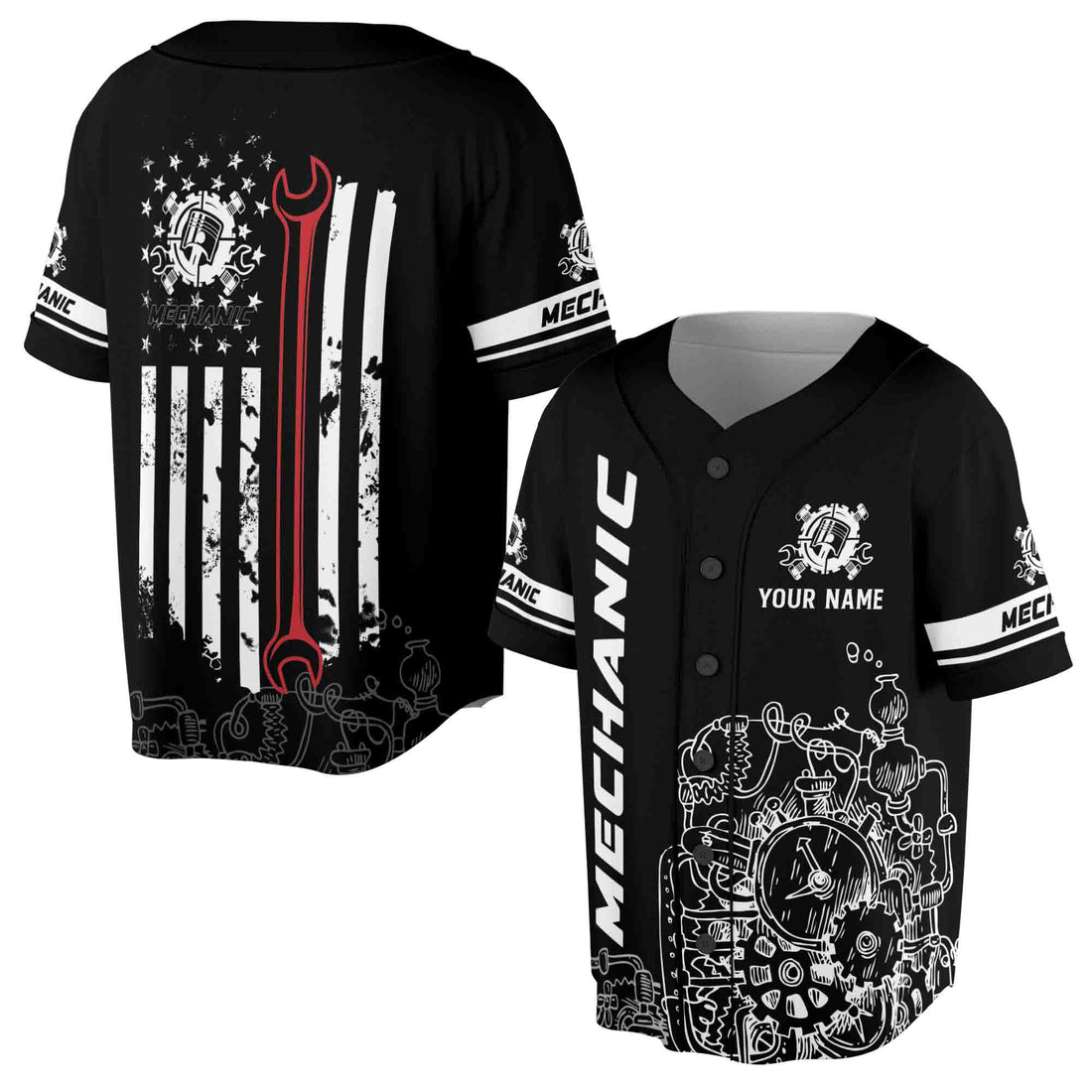 Custom Name Mechanic American Flag Patriotic Mechanic Tool Baseball Jersey S-5XL