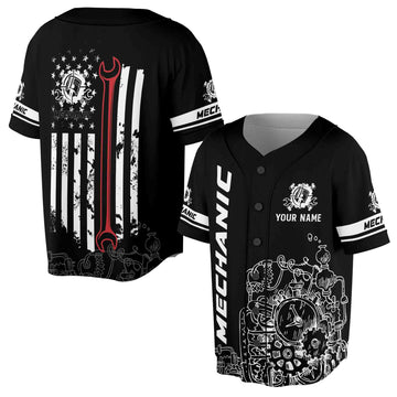 Custom Name Mechanic American Flag Patriotic Mechanic Tool Baseball Jersey S-5XL
