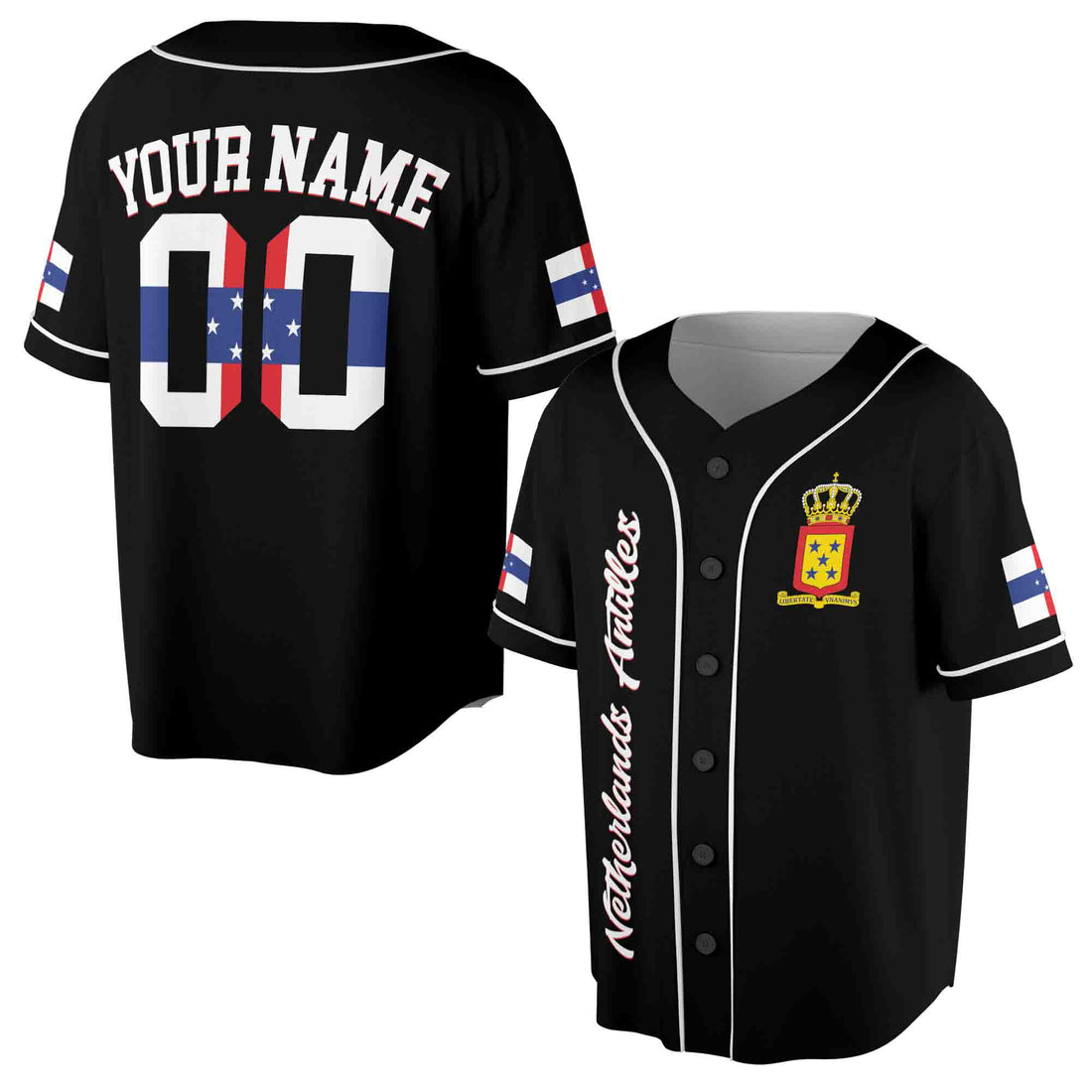 Personalized Name Number Netherlands Antilles Flag Coat of Arms Patriotic Baseball Jersey S-5XL