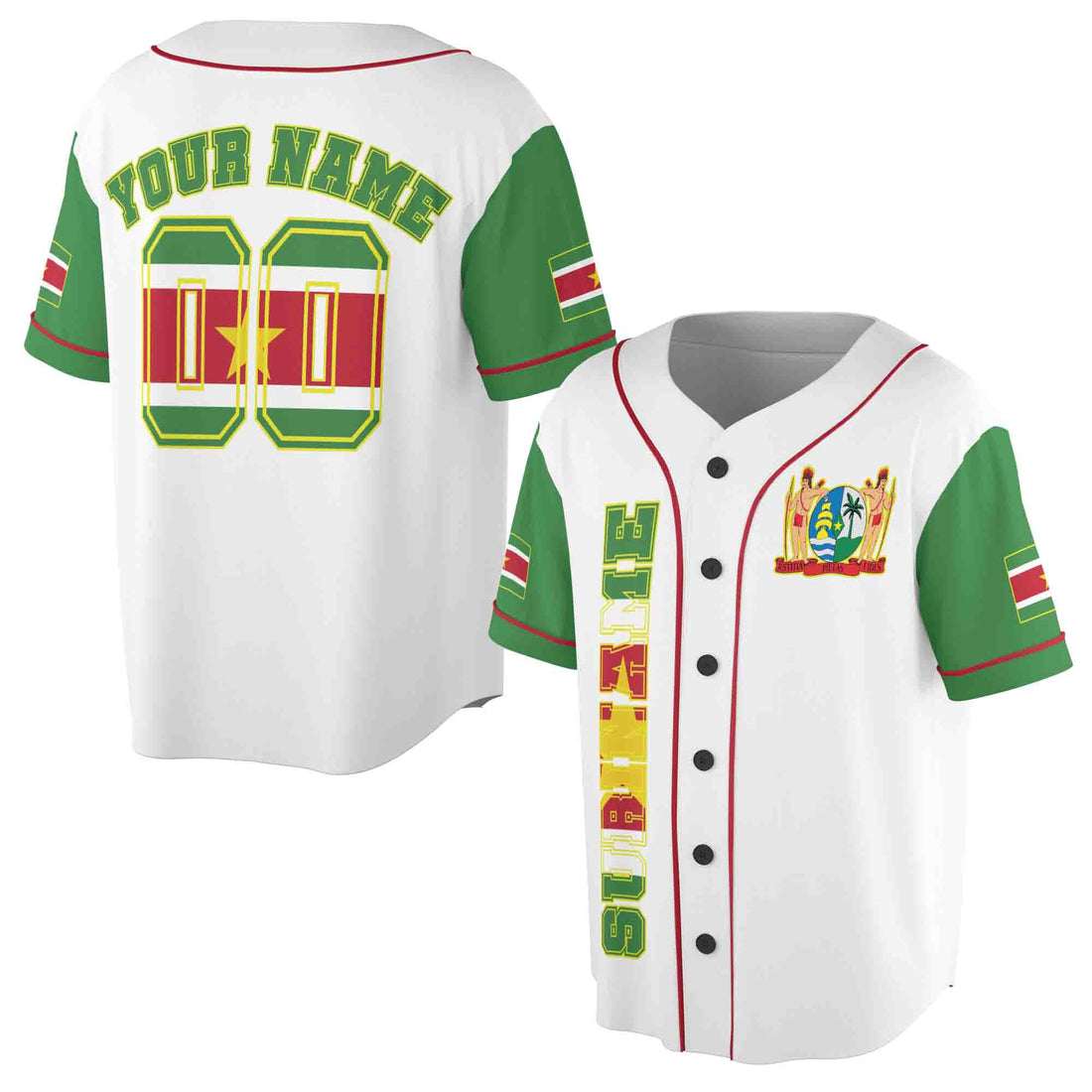 Personalized Name Number Suriname Flag Coat of Arms Patriotic Baseball Jersey S-5XL