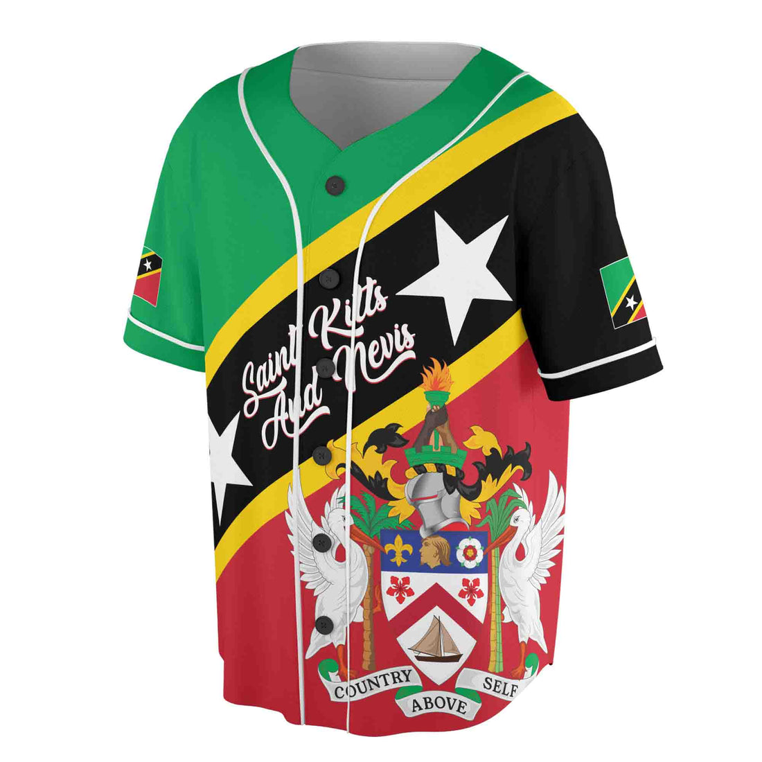 Personalized Name Saint Kitts and Nevis Flag Coat of Arms Patriotic Baseball Jersey S-5XL