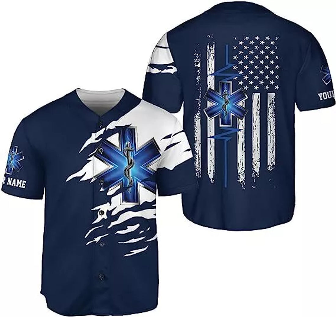 Custom Thin White Line EMS EMT Paramedic American Flag Baseball Jersey S-5XL