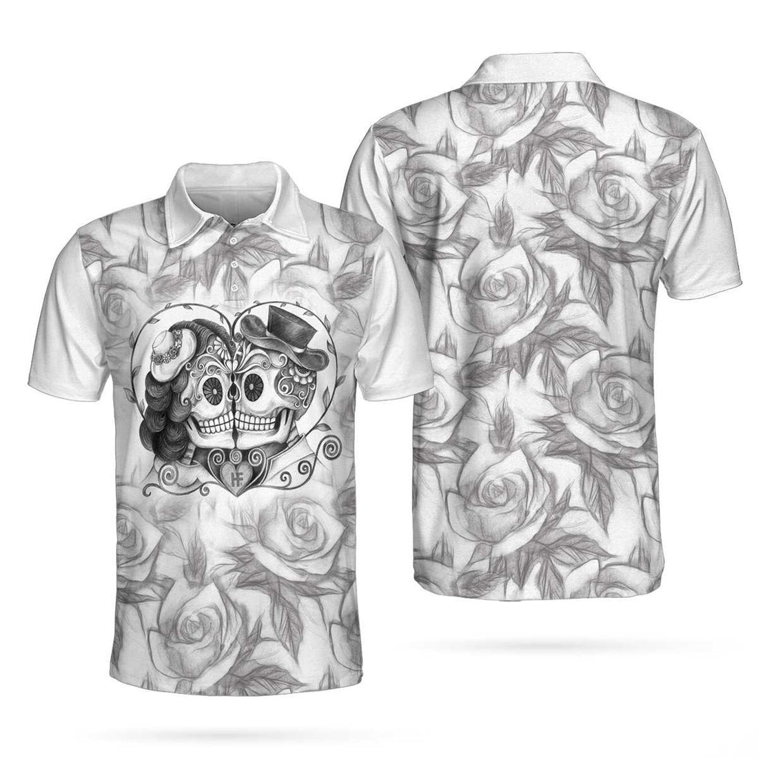 Sugar Skull Love Drawing Skull Couple Rose Sketch for Men's Polo Shirt S-5XL
