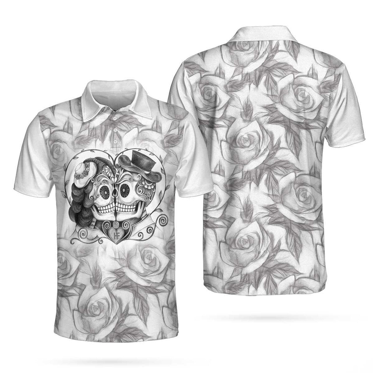 Sugar Skull Love Drawing Skull Couple Rose Sketch for Men's Polo Shirt S-5XL