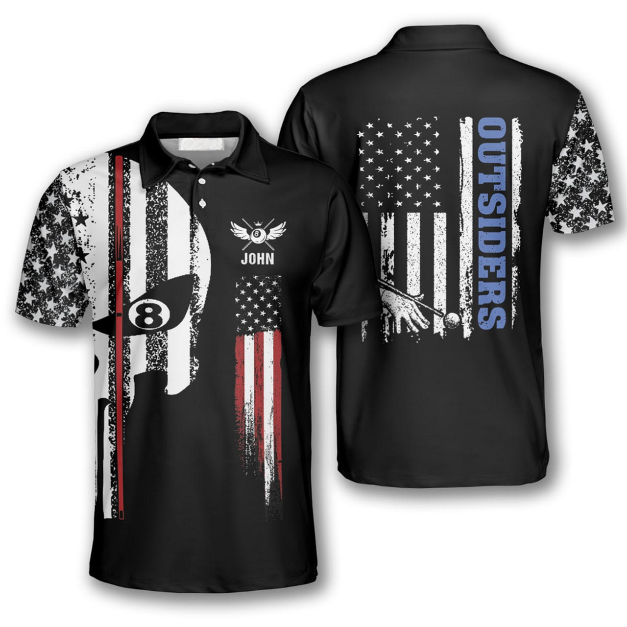Personalized Skull American Flag Billiard Custom Team Men's Polo Shirt S-5XL