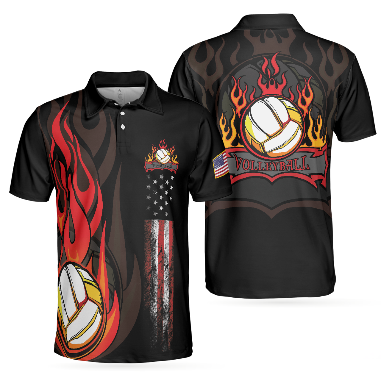 Best Volleyball Black American Flag Volleyball Flame Men's Polo Shirt S-5XL