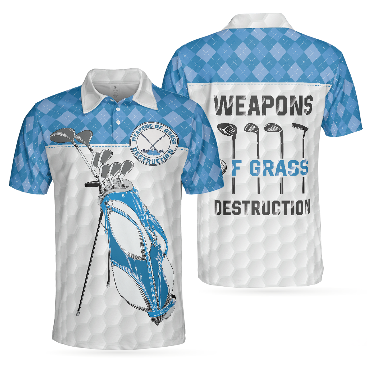 Custom Name Golf Texture Blue Argyle Pattern Men's Polo Shirt S-5XL