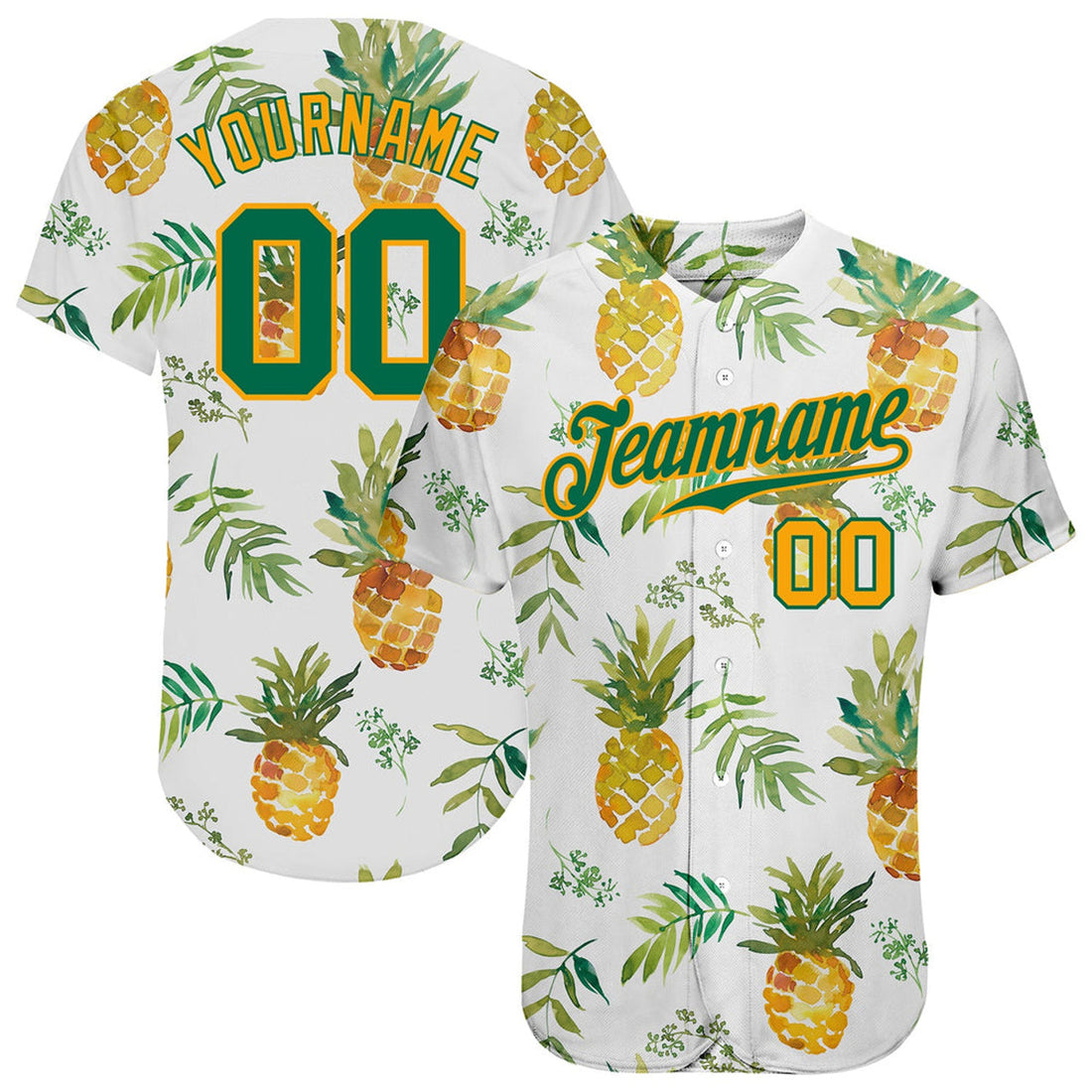 Custom White Kelly Green Gold Pineapples Baseball Jersey S-5XL